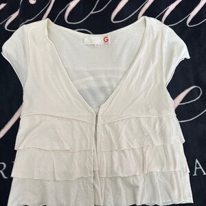G by Guess Cream Ruffle Tiered V-Neck Top